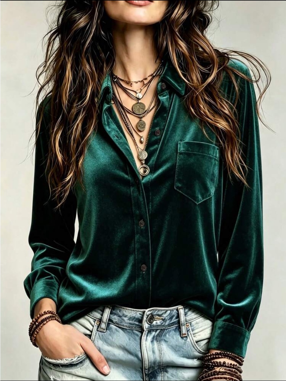 Luxe Velvet Button Down Up Shirt Top Blouse Green Holiday